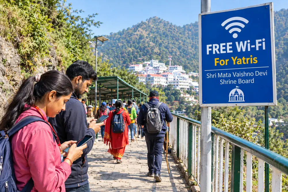 Pilgrims using free Wi-Fi on the Vaishno Devi Yatra route